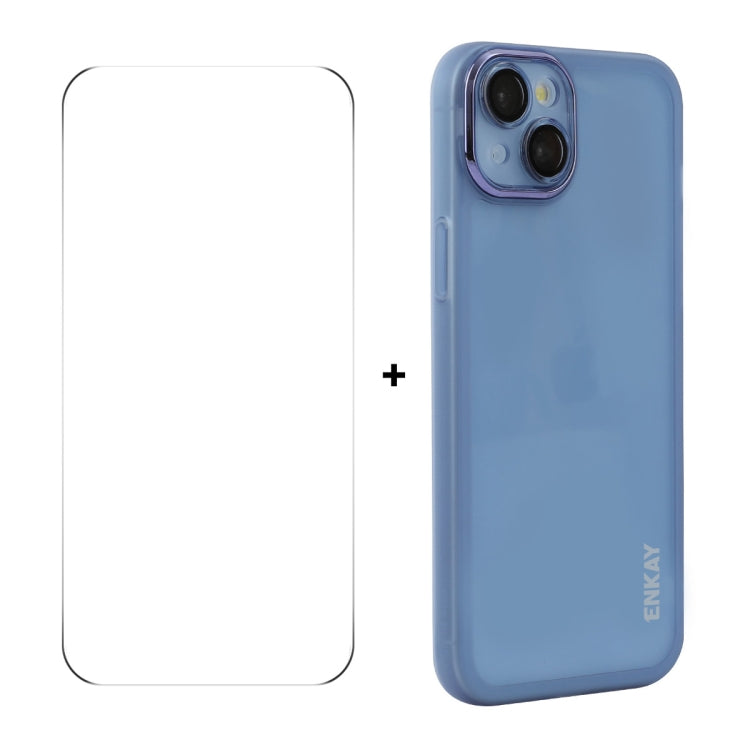 For iPhone 14 Plus ENKAY Hat-Prince Translucent Matte TPU Phone Case with Lens Film + 9H Big Arc Edge Film(Blue) by ENKAY