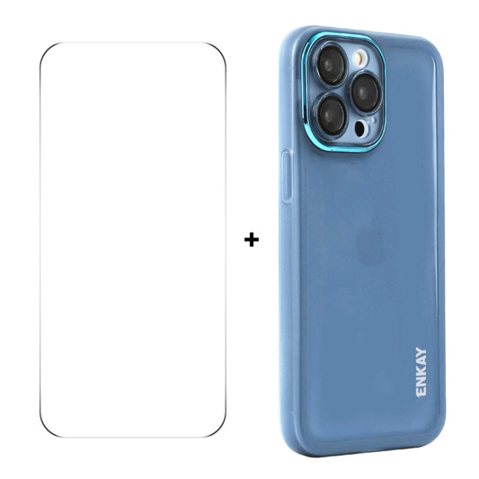 For iPhone 16 Pro Max ENKAY Hat-Prince Translucent Matte TPU Phone Case with Lens Film + 9H Big Arc Edge Film(Blue) by ENKAY
