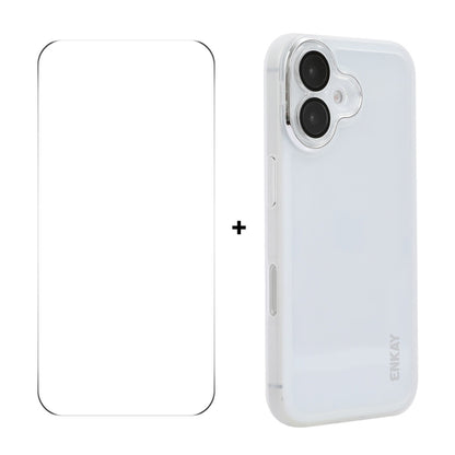 For iPhone 16 Plus ENKAY Hat-Prince Translucent Matte TPU Phone Case with Lens Film + 9H Big Arc Edge Film(White) by ENKAY