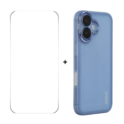 For iPhone 16 ENKAY Hat-Prince Translucent Matte TPU Phone Case with Lens Film + 9H Big Arc Edge Film(Blue) by ENKAY