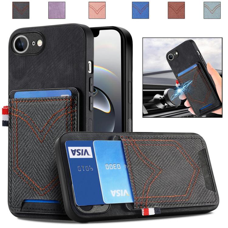 For iPhone 16e Denim Texture Leather Skin Phone Case with Card Slot(Black) by bashfashion