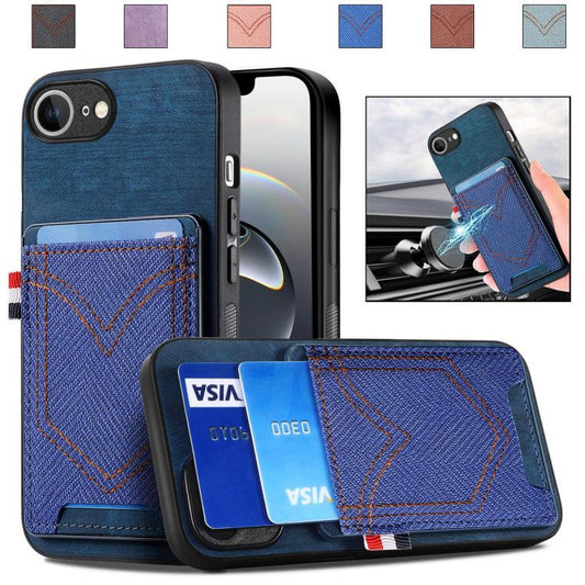 For iPhone 16e Denim Texture Leather Skin Phone Case with Card Slot(Blue) by bashfashion
