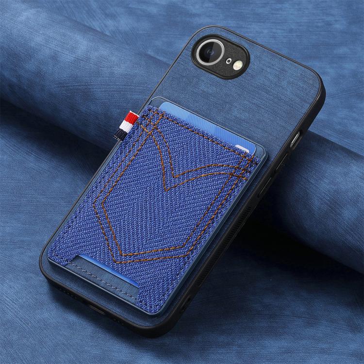 For iPhone 16e Denim Texture Leather Skin Phone Case with Card Slot(Blue) by bashfashion