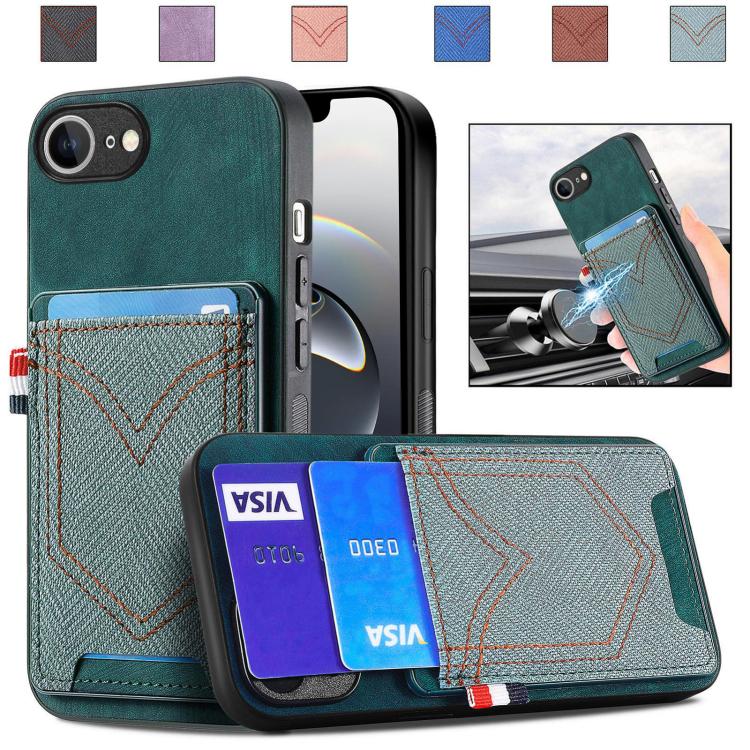 For iPhone 16e Denim Texture Leather Skin Phone Case with Card Slot(Green) by bashfashion