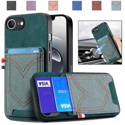 For iPhone 16e Denim Texture Leather Skin Phone Case with Card Slot(Green) by bashfashion