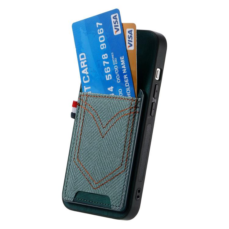For iPhone 16e Denim Texture Leather Skin Phone Case with Card Slot(Green) by bashfashion