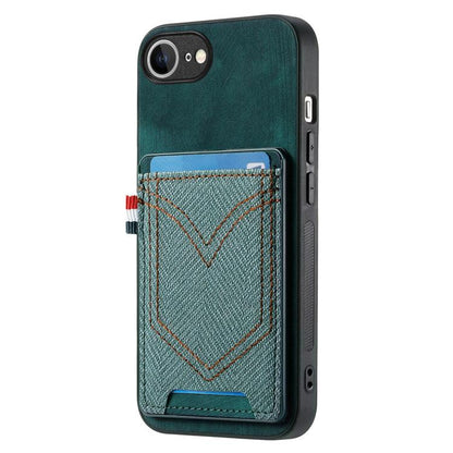 For iPhone 16e Denim Texture Leather Skin Phone Case with Card Slot(Green) by bashfashion