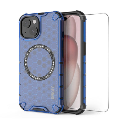 For iPhone 15 Plus ENKAY Hat-Prince Honeycomb MagSafe Shockproof Phone Case with Large Arc Edge Film(Blue) by ENKAY