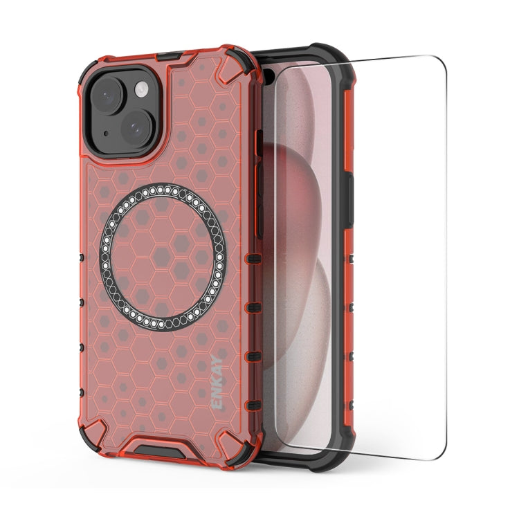 For iPhone 15 ENKAY Hat-Prince Honeycomb MagSafe Shockproof Phone Case with Large Arc Edge Film(Red) by ENKAY