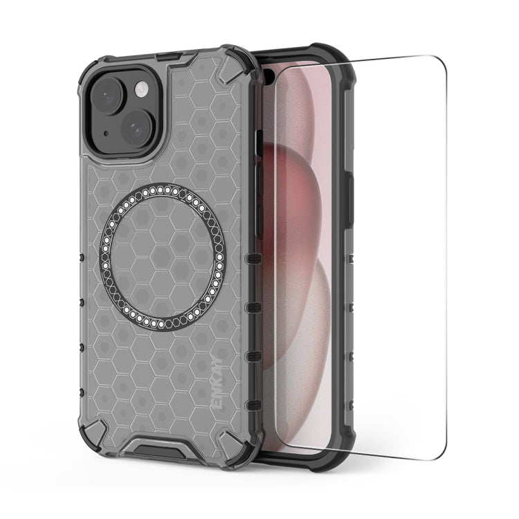 For iPhone 15 ENKAY Hat-Prince Honeycomb MagSafe Shockproof Phone Case with Large Arc Edge Film(Grey) by ENKAY