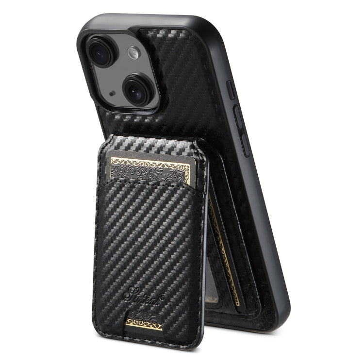 For iPhone 14 Suteni TXWH18 Carbon Fiber Texture Detachable Wallet MagSafe Phone Case(Black) by Suteni