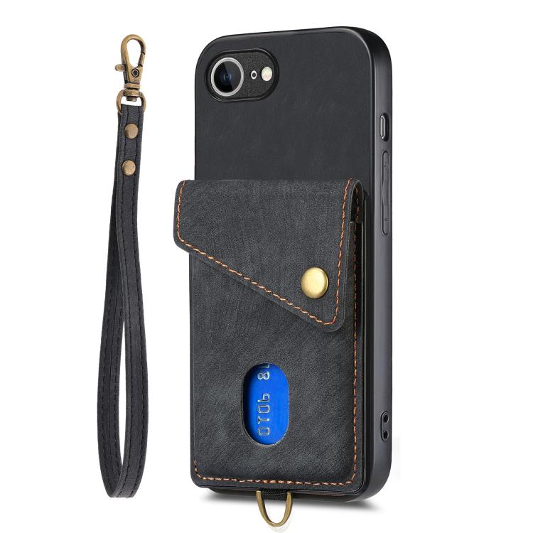 For iPhone 16e Retro Card Wallet Fold Leather Phone Case with Strap(Black) by bashfashion