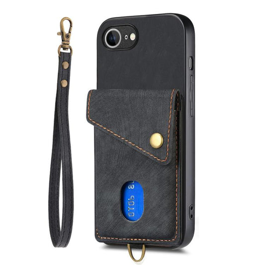 For iPhone 16e Retro Card Wallet Fold Leather Phone Case with Strap(Black) by bashfashion