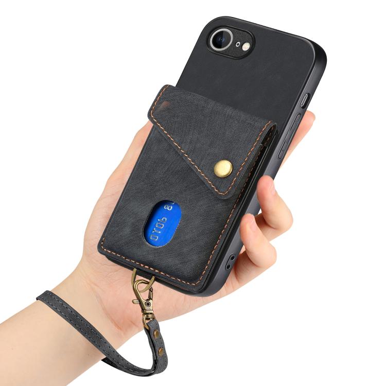 For iPhone 16e Retro Card Wallet Fold Leather Phone Case with Strap(Black) by bashfashion