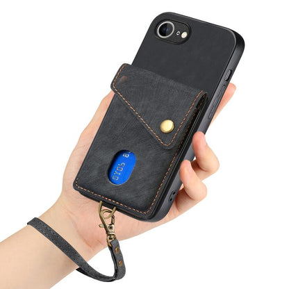 For iPhone 16e Retro Card Wallet Fold Leather Phone Case with Strap(Black) by bashfashion