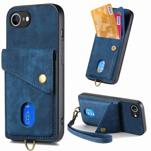For iPhone 16e Retro Card Wallet Fold Leather Phone Case with Strap(Blue) by bashfashion