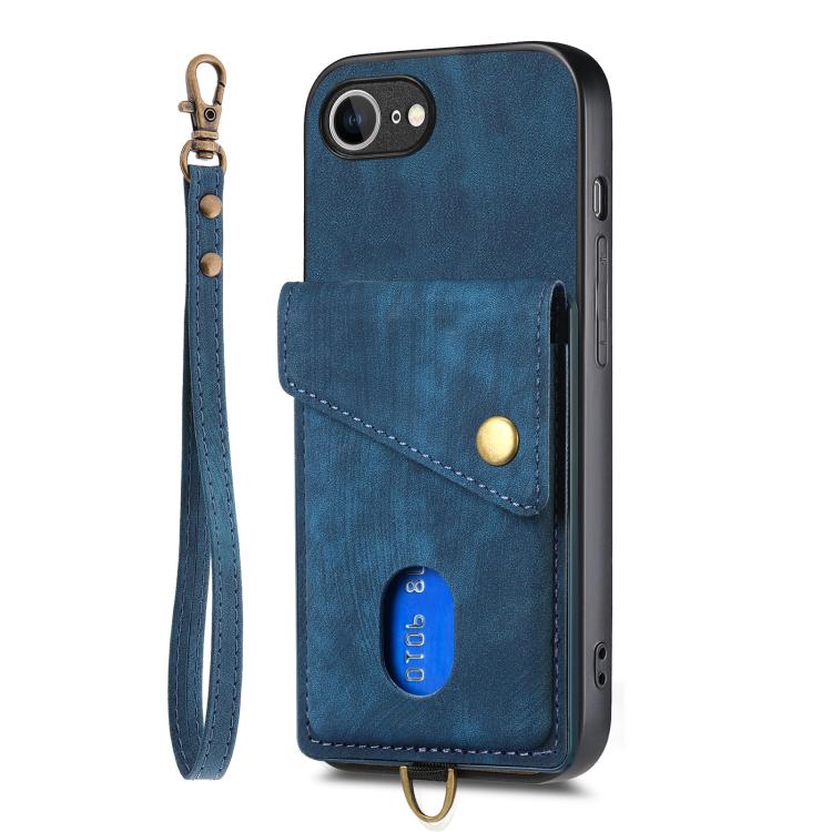 For iPhone 16e Retro Card Wallet Fold Leather Phone Case with Strap(Blue) by bashfashion