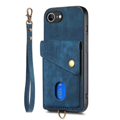 For iPhone 16e Retro Card Wallet Fold Leather Phone Case with Strap(Blue) by bashfashion
