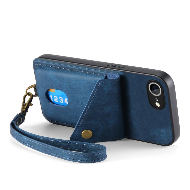 For iPhone 16e Retro Card Wallet Fold Leather Phone Case with Strap(Blue) by bashfashion
