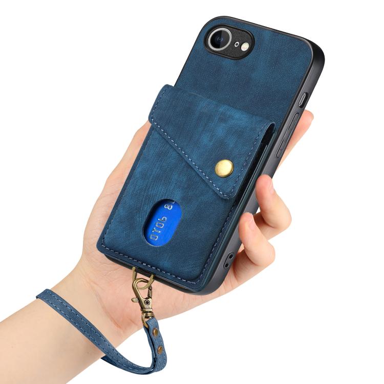 For iPhone 16e Retro Card Wallet Fold Leather Phone Case with Strap(Blue) by bashfashion