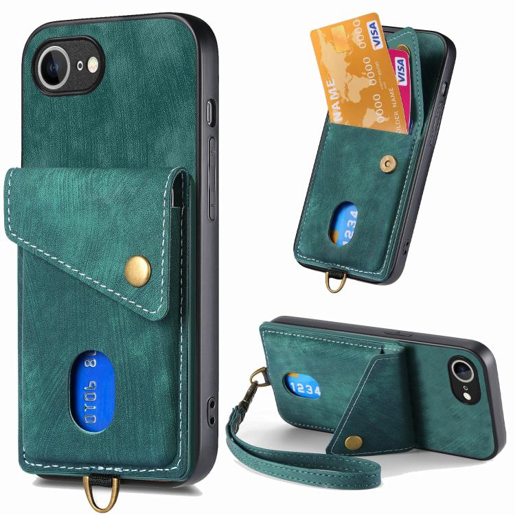 For iPhone 16e Retro Card Wallet Fold Leather Phone Case with Strap(Green) by bashfashion