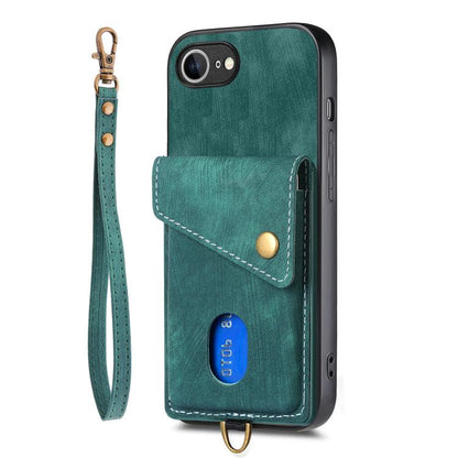For iPhone 16e Retro Card Wallet Fold Leather Phone Case with Strap(Green) by bashfashion
