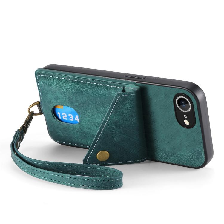 For iPhone 16e Retro Card Wallet Fold Leather Phone Case with Strap(Green) by bashfashion