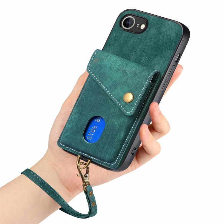 For iPhone 16e Retro Card Wallet Fold Leather Phone Case with Strap(Green) by bashfashion