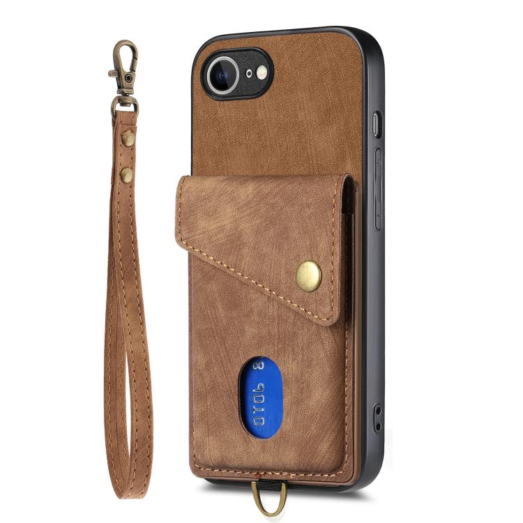 For iPhone 16e Retro Card Wallet Fold Leather Phone Case with Strap(Brown) by bashfashion