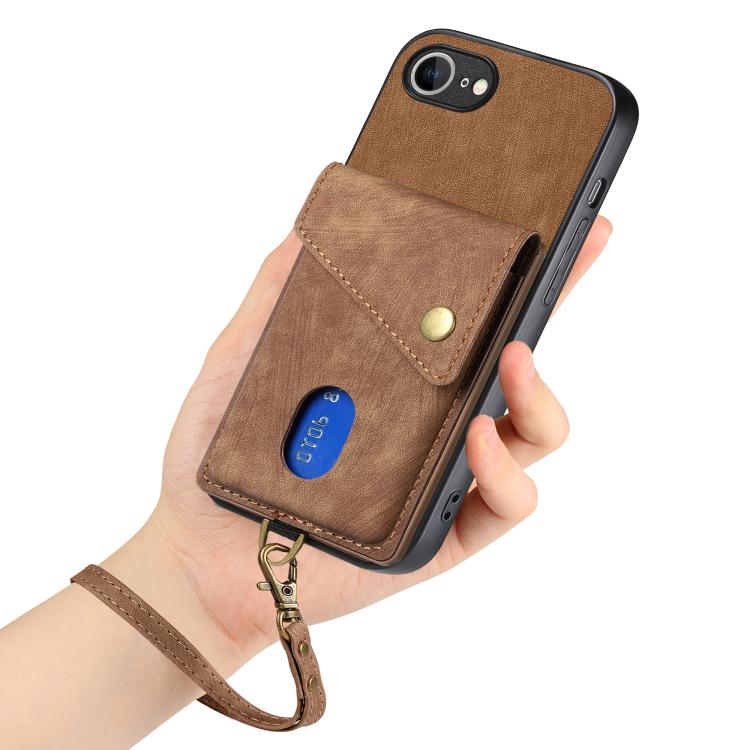 For iPhone 16e Retro Card Wallet Fold Leather Phone Case with Strap(Brown) by bashfashion