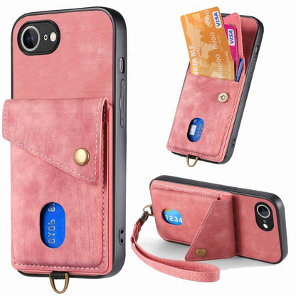 For iPhone 16e Retro Card Wallet Fold Leather Phone Case with Strap(Pink) by bashfashion