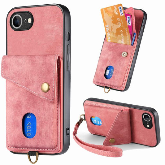For iPhone 16e Retro Card Wallet Fold Leather Phone Case with Strap(Pink) by bashfashion