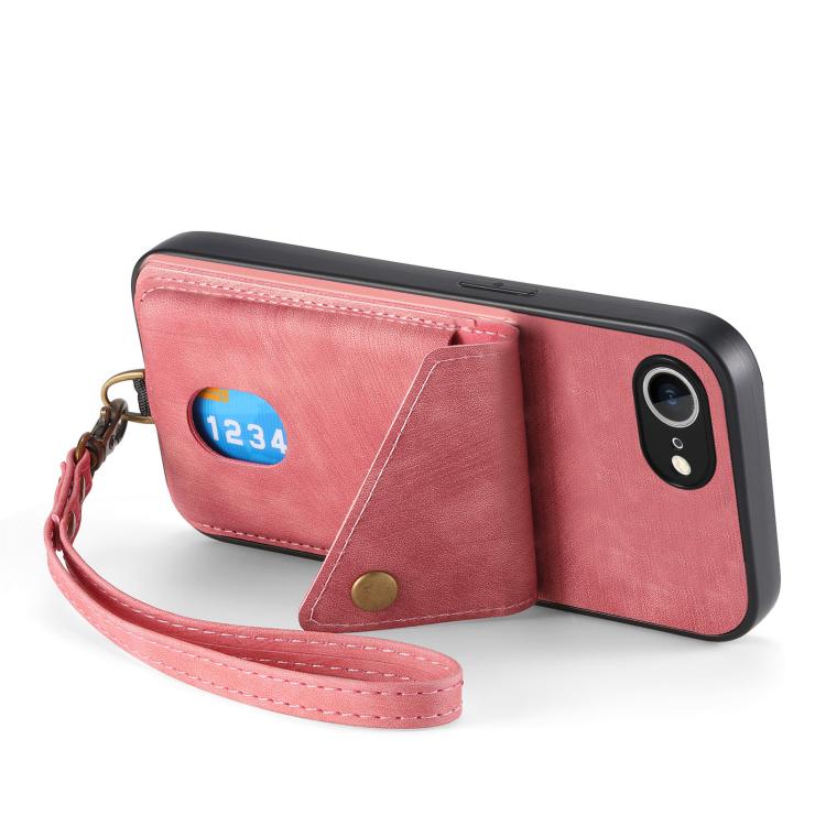 For iPhone 16e Retro Card Wallet Fold Leather Phone Case with Strap(Pink) by bashfashion