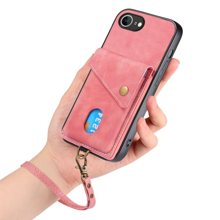 For iPhone 16e Retro Card Wallet Fold Leather Phone Case with Strap(Pink) by bashfashion