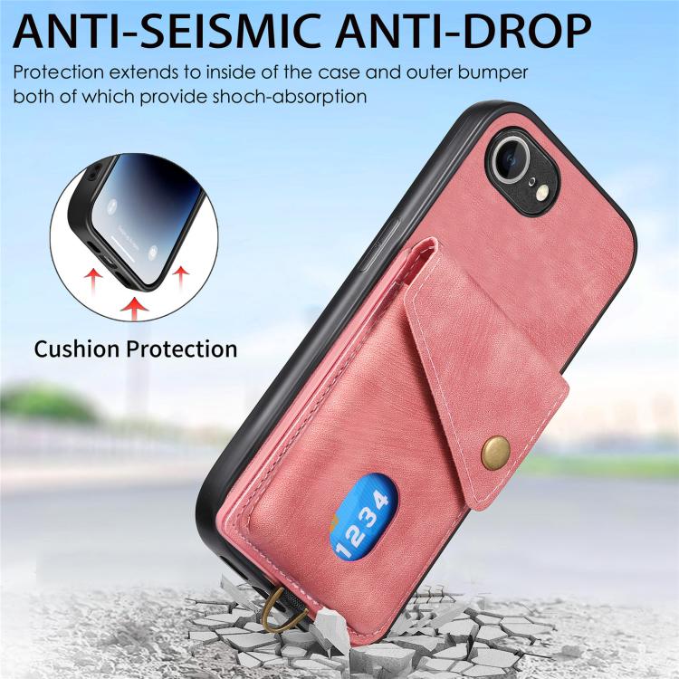 For iPhone 16e Retro Card Wallet Fold Leather Phone Case with Strap(Pink) by bashfashion