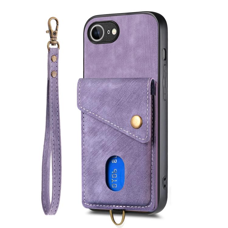 For iPhone 16e Retro Card Wallet Fold Leather Phone Case with Strap(Purple) by bashfashion
