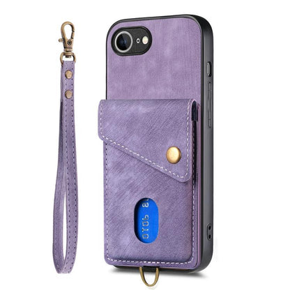For iPhone 16e Retro Card Wallet Fold Leather Phone Case with Strap(Purple) by bashfashion