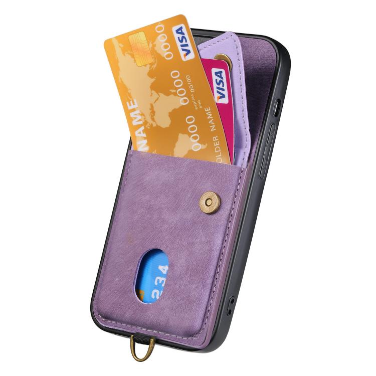 For iPhone 16e Retro Card Wallet Fold Leather Phone Case with Strap(Purple) by bashfashion