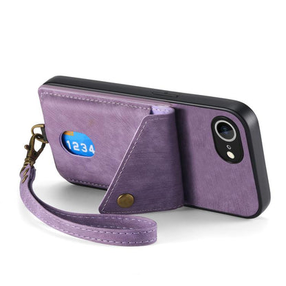 For iPhone 16e Retro Card Wallet Fold Leather Phone Case with Strap(Purple) by bashfashion