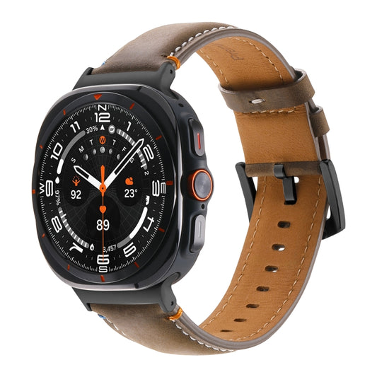 For Samsung Galaxy Watch Ultra 47mm Stitched Black Buckle Genuine Leather Watch Band(Frosted Olive) by bashfashion