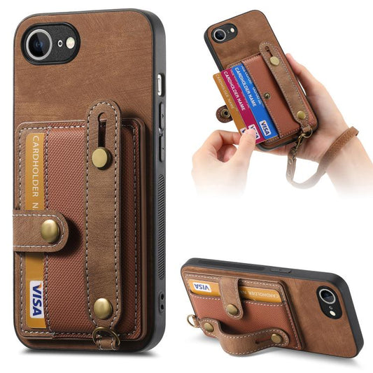 For iPhone 16e Retro Cross Wristband Wallet Leather Back Phone Case(Brown) by bashfashion