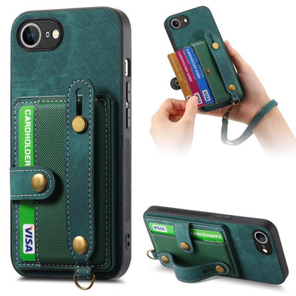 For iPhone 16e Retro Cross Wristband Wallet Leather Back Phone Case(Green) by bashfashion