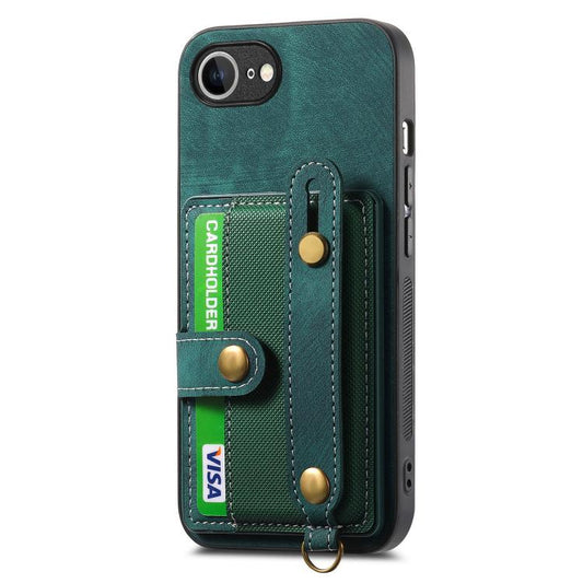 For iPhone 16e Retro Cross Wristband Wallet Leather Back Phone Case(Green) by bashfashion