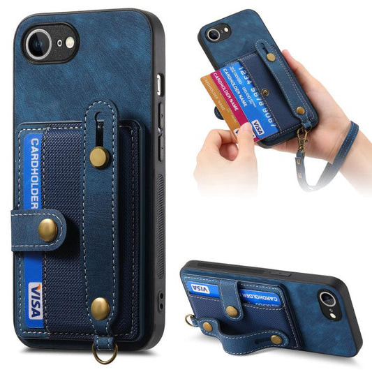 For iPhone 16e Retro Cross Wristband Wallet Leather Back Phone Case(Blue) by bashfashion