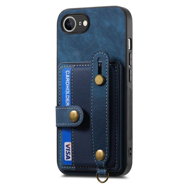 For iPhone 16e Retro Cross Wristband Wallet Leather Back Phone Case(Blue) by bashfashion