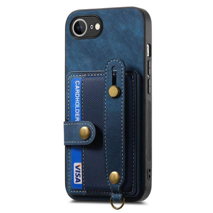 For iPhone 16e Retro Cross Wristband Wallet Leather Back Phone Case(Blue) by bashfashion