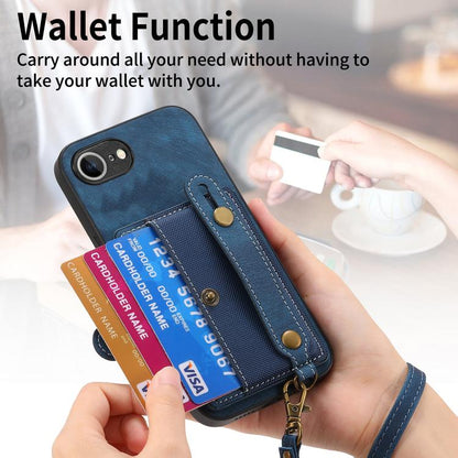 For iPhone 16e Retro Cross Wristband Wallet Leather Back Phone Case(Blue) by bashfashion