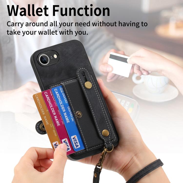 For iPhone 16e Retro Cross Wristband Wallet Leather Back Phone Case(Black) by bashfashion
