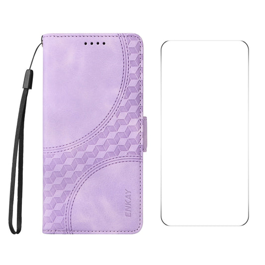For iPhone 16 ENKAY Embossed Rhombus Starry Leather Phone Case with Screen Film(Purple) by ENKAY