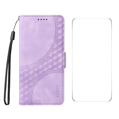 For iPhone 16 Pro ENKAY Embossed Rhombus Starry Leather Phone Case with Screen Film(Purple) by ENKAY